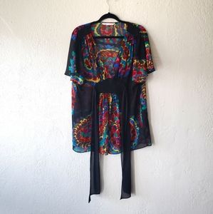 ZARA RED PINK BLACK YELLOW MULTICOLOR FLORAL PATTERNED KIMONO BLOUSE..SIZE S